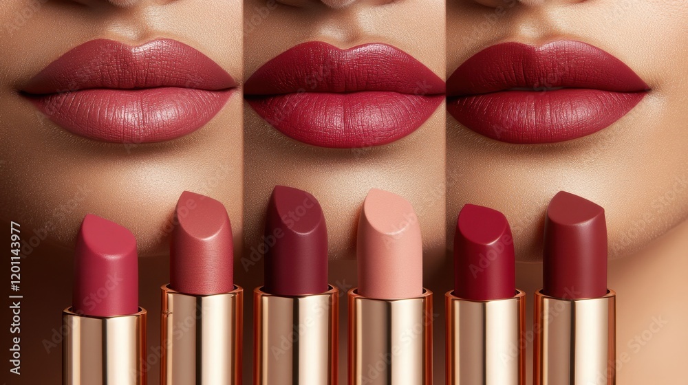 Obraz premium Lipsticks in various shades of red and pink, lined up neatly on a soft beige background