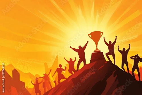 Team Triumph: Silhouette of Victorious Athletes Celebrating on a Mountain Peak at Sunset with a Trophy