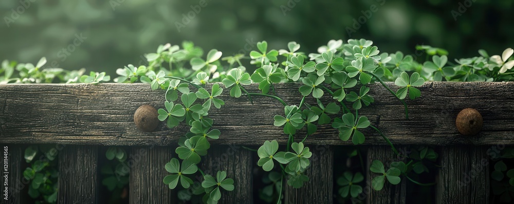 Lush green clover plants cascading over a rustic wooden fence, evoking a serene atmosphere. Lush green clover plants cascading over a rustic wooden fence, evoking a serene atmosphere.