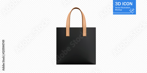 This stylish black tote bag features elegant tan leather handles, perfect for various design needs. Look to enhance your project with this versatile accessory.
