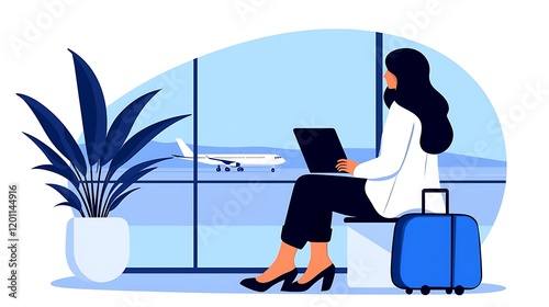 Woman working on laptop at airport waiting for flight