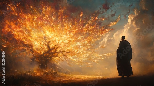 Moses captured in a moment of reverence before the burning bush as divine light cascades from the flames illuminating the scene photo