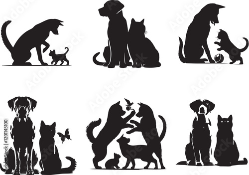 cat and dog black and white silhouette isolated on white background, cat and dog sitting together, cat and dog playing, cat and dog illustration
