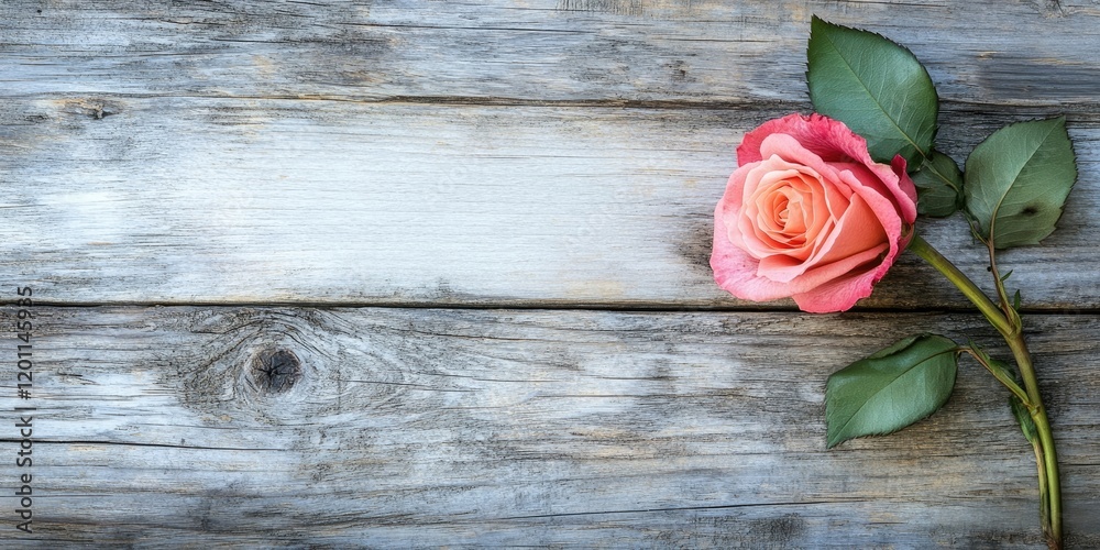 Elegant pink rose with green leaves positioned on the left side of a rustic wooden surface featuring a blank white area for text on the right Elegant pink rose with green leaves positioned on the left side of a rustic wooden surface featuring a blank white area for text on the right