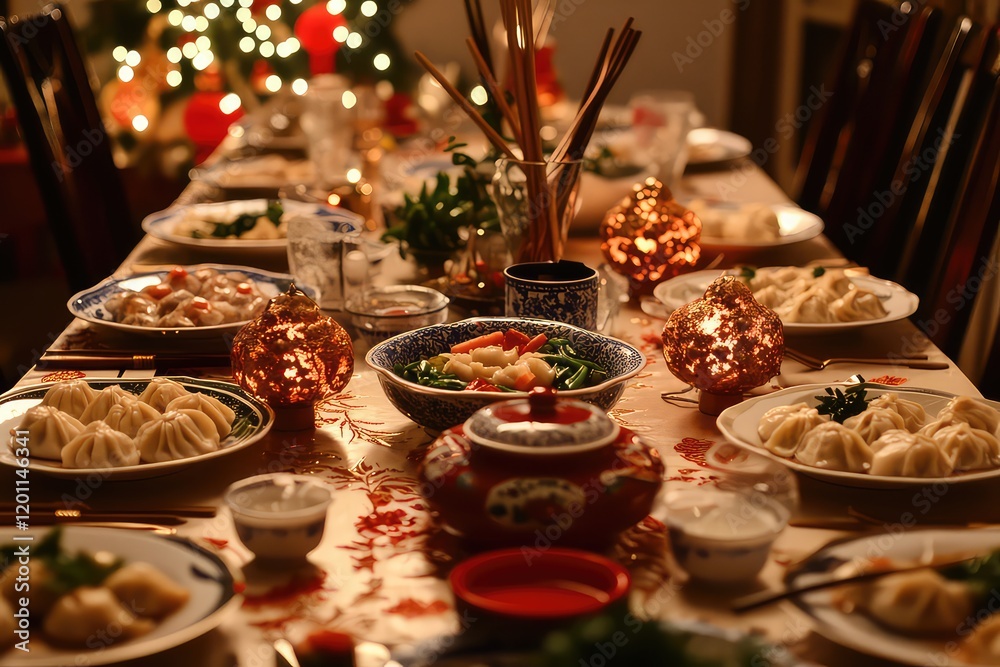 Fototapeta premium A festive table with dumplings, soy sauce, and decorative chopsticks for a Chinese New Year celebration.