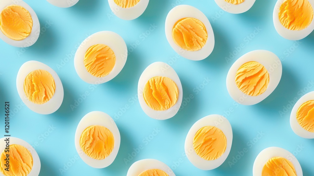 Flat lay of halved hard-boiled eggs arranged in a repeating pattern on a light blue background. Flat lay of halved hard-boiled eggs arranged in a repeating pattern on a light blue background.