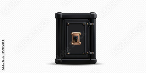 A sturdy safe stands with a striking black finish and brass lock, emphasizing security and classic craftsmanship against a plain white backdrop.