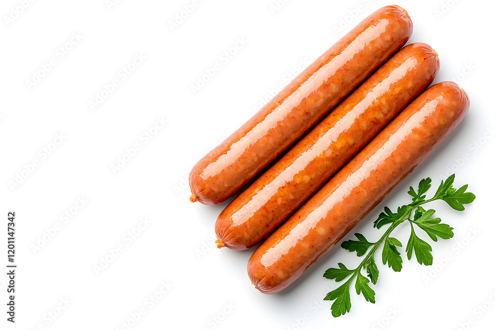 Boiled, grilled sausages isolated on white background, top view Boiled, grilled sausages isolated on white background, top view