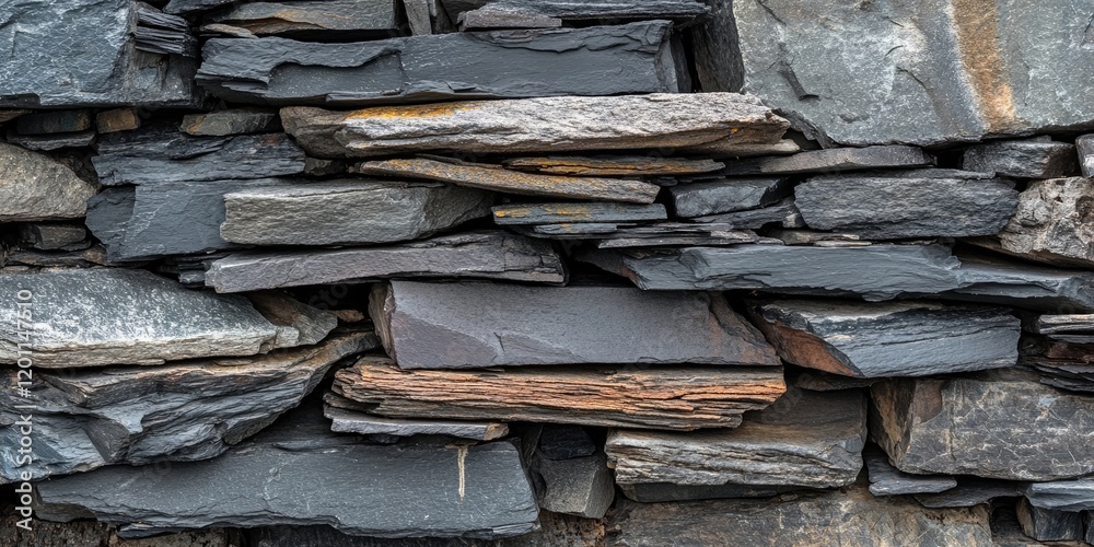 Natural slate stone wall texture featuring dark gray and black stones stacked horizontally with hints of brown, creating a rugged and earthy appearance. Natural slate stone wall texture featuring dark gray and black stones stacked horizontally with hints of brown, creating a rugged and earthy appearance.