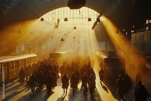 Crowded station at sunset with people and trains. photo