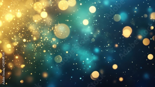 Colorful bokeh background with shimmering light spots in blue and gold hues photo