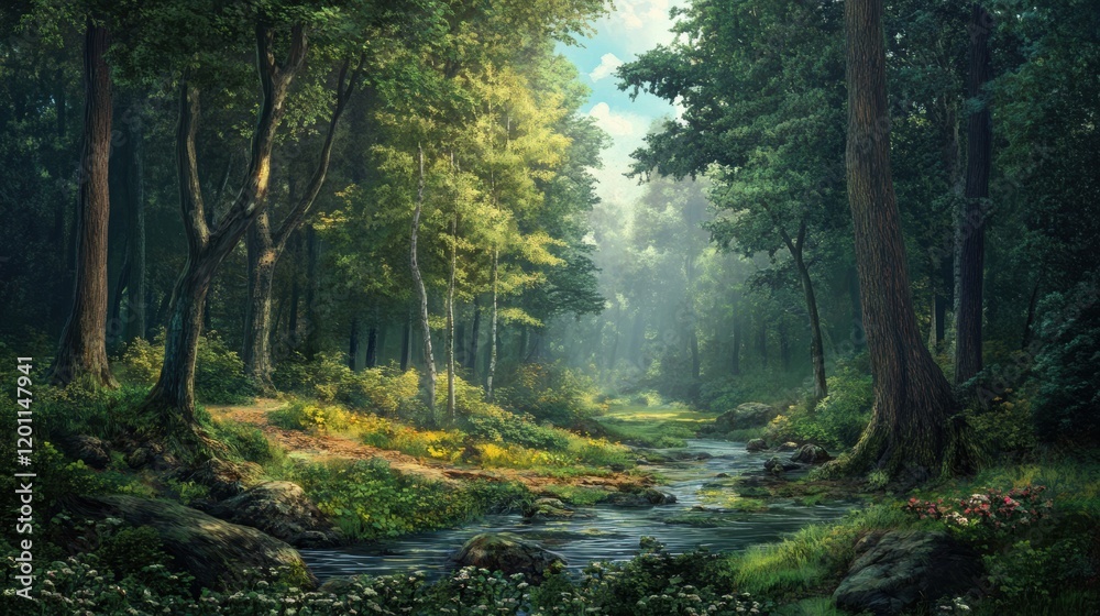 Lush forest landscape with a serene stream in sunlight showcasing vibrant greenery and tranquil nature Lush forest landscape with a serene stream in sunlight showcasing vibrant greenery and tranquil nature