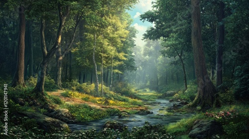 Lush forest landscape with a serene stream in sunlight showcasing vibrant greenery and tranquil nature