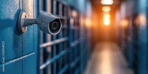 Surveillance camera in a prison hallway scene. photo