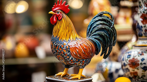 Kids toys cockerel cock, portuguese souvenir Barcelos rooster traditional symbol of Portugal isolated flat line icon. Vector rooster galo de barcelos, medieval gift bird with red cock and tail