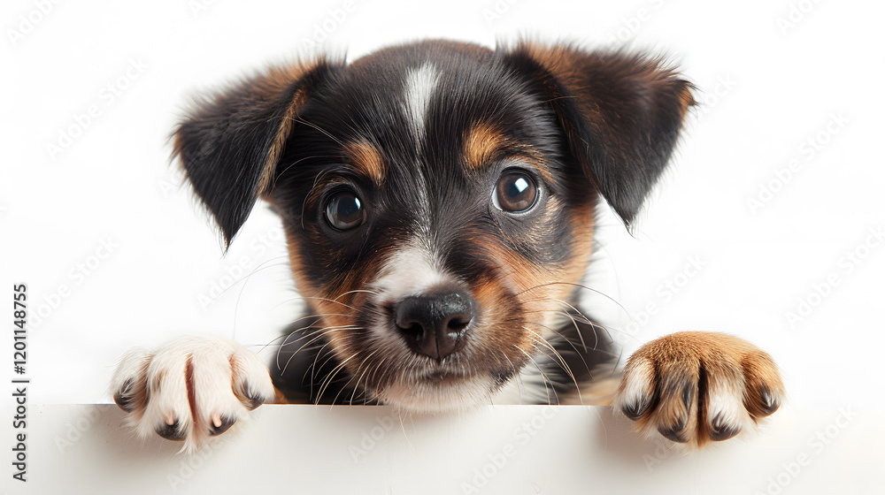 Cute puppy holding up an empty white sign paper banner isolated on white background Cute puppy holding up an empty white sign paper banner isolated on white background