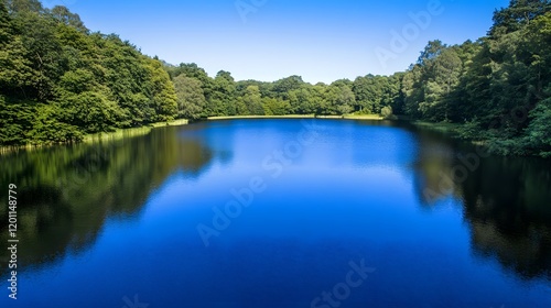 Serene lake surrounded by lush green forest trees