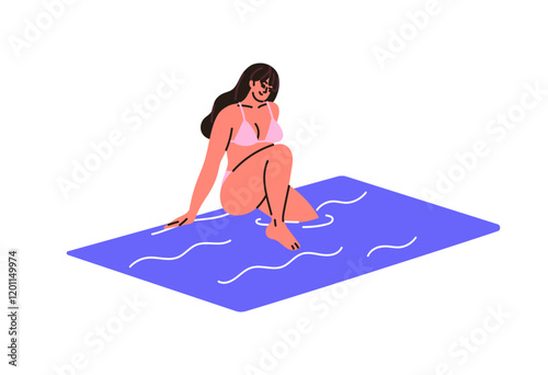 Young woman in bikini goes into sea, ocean water with waves. Happy girl in swimsuit enters swimming pool. People at summer resort, recreation. Flat isolated vector illustration on white background