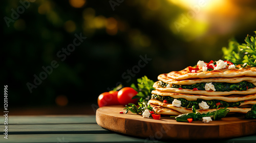 Turkish Gozleme stuffed flatbread, filled with spinach and feta, styled in a lively street vendor scene, [Middle Eastern snacks, cultural comfort] photo