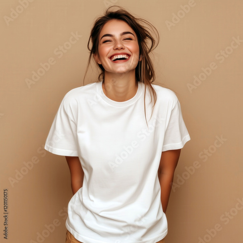 Laughing young woman model with messy hairstyle, dressed in white oversized t-shirt standing near plain background, studio shot. Blank short sleeve tee template. Women crewneck basic tshirt mock up