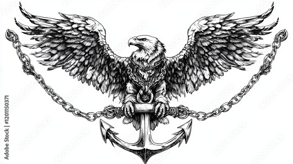 Obraz premium Fierce double headed Imperial eagle icon on crossed anchors with chains for heraldic design
