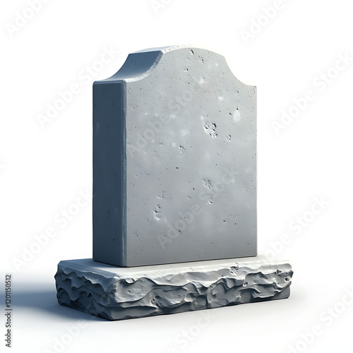 Gray, 3D rendered tombstone on a base, isolated on white. Represents remembrance, memorials, and cemeteries. Suitable for respectful and somber designs related to death, loss, or history. Plain design