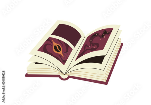 Icon of open paper book with pictures about space adventures. Fiction novels, mystic stories about cosmos. Concept of reading fantasy, sci fi literature. Flat isolated vector illustration on white