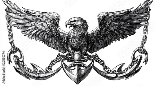 Fierce double headed Imperial eagle icon on crossed anchors with chains for heraldic design photo