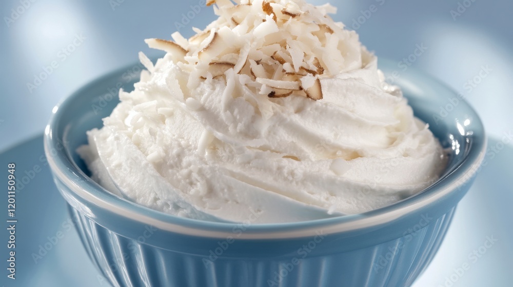 Gourmet Coconut Whipped Cream Dessert in a Beautiful Light Blue Bowl Gourmet Coconut Whipped Cream Dessert in a Beautiful Light Blue Bowl