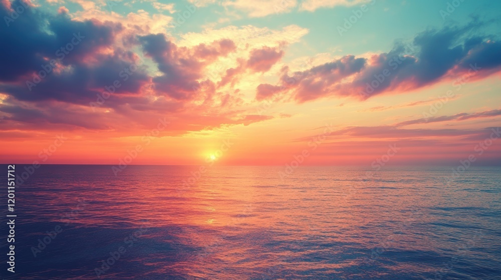 Obraz premium Vibrant sunset over calm ocean waters with colorful clouds illuminating the sky
