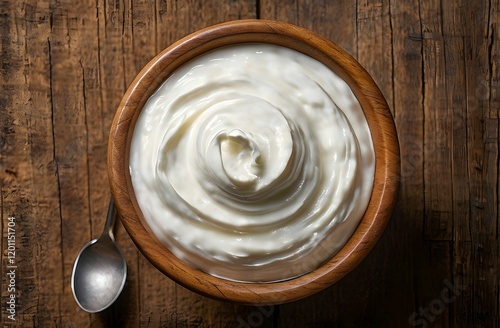 Homemade plain Greek yogurt in wood bowl, healthy and high protein content strained yogurt dairy product photo