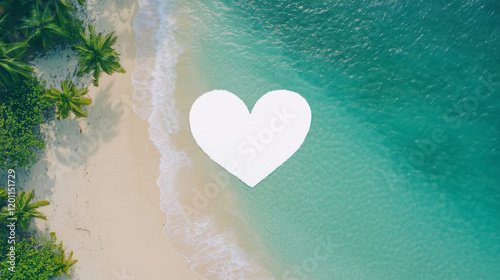 Beach Paradise: A heart-shaped icon, symbolizing love and tranquility, is set against a picturesque backdrop of a pristine beach and sparkling turquoise water. Palm trees frame the scene.
