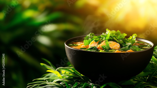 Vietnamese Canh Chua sour fish soup, garnished with herbs and served in a tropical riverside setup, [Southeast Asian soups, bold flavors] photo