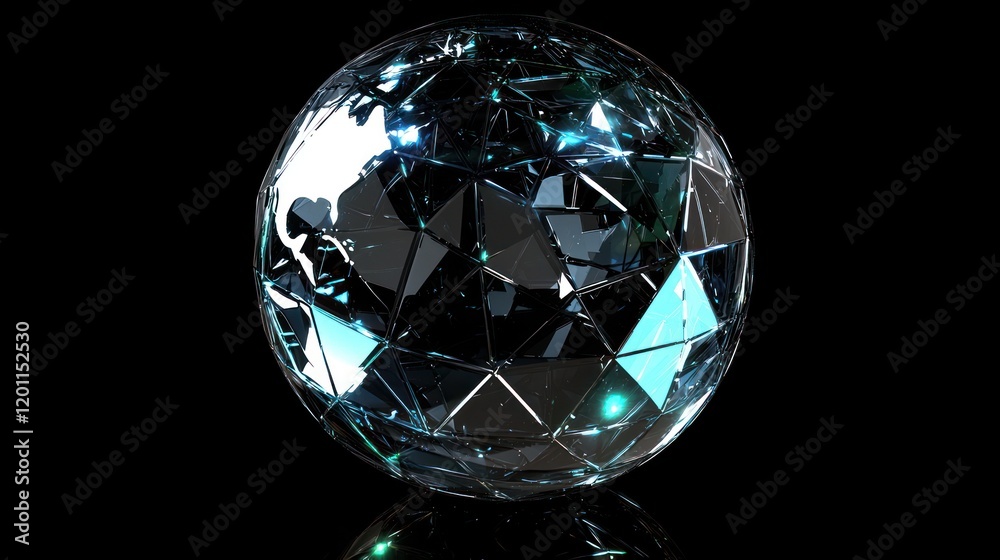 Crystal globe with world map, reflecting light on black background. Crystal globe with world map, reflecting light on black background.