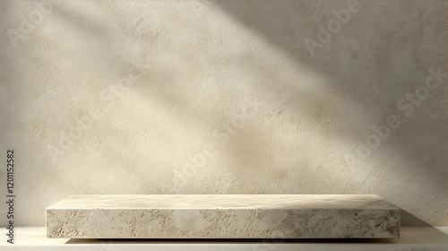A beige stone podium with subtle dappled shadows on the wall, ideal for a calm, serene product presentation.