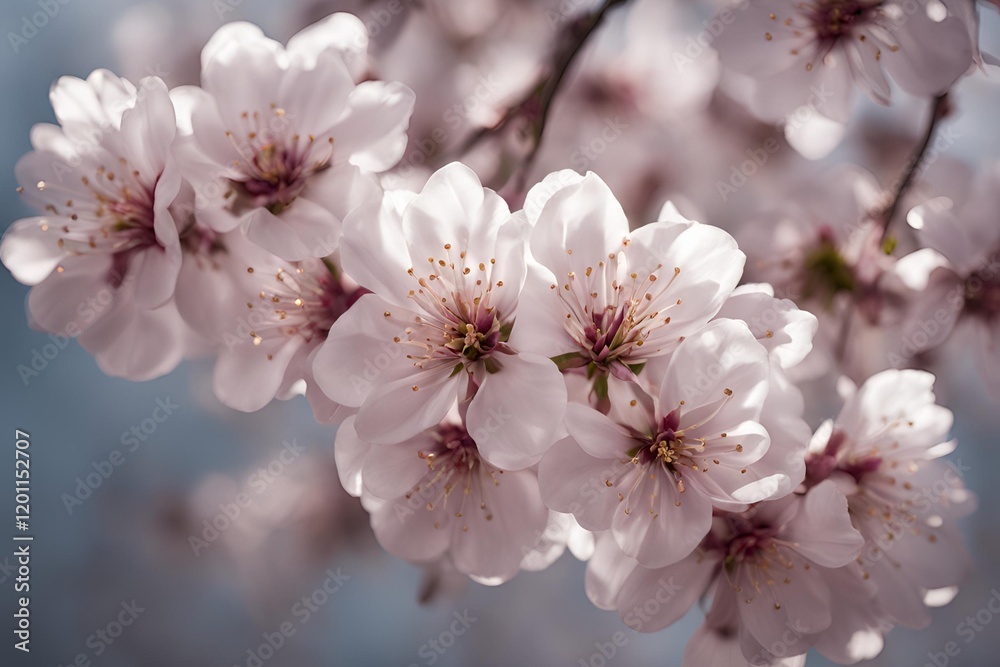 Bright pink cherry tree flowers on White isolated background close up Bright pink cherry tree flowers on White isolated background close up