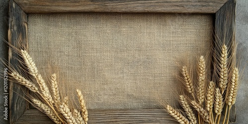 Rustic wooden frame with golden wheat ears arranged on a burlap background featuring earthy tones and a central empty space for text.
