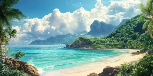 Tropical beach with azure water in the foreground, lush green mountains in the background, vibrant palm trees framing the scene, bright clouds above. photo