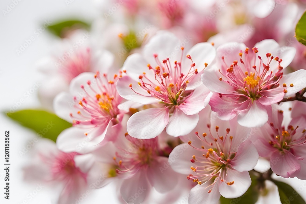 Bright pink cherry tree flowers on White isolated background close up Bright pink cherry tree flowers on White isolated background close up
