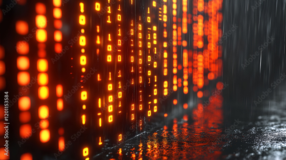 Naklejka premium Luminous Binary Code Wall In Rain
