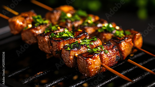 Vietnamese Nem Nuong grilled pork skewers, garnished with fresh herbs and styled in a vibrant street market, [Southeast Asian snacks, cultural zest] photo