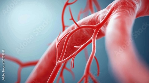 A close-up view of intricate red blood vessels, showcasing their structure against a soft blue background
