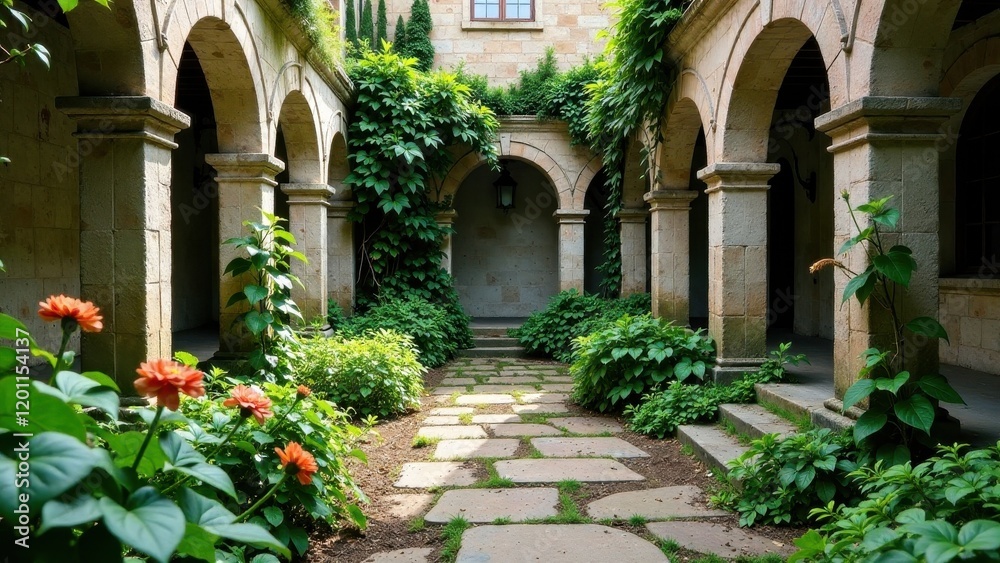 Fototapeta premium Serene Courtyard Garden Path with Stone Arches and Lush Greenery