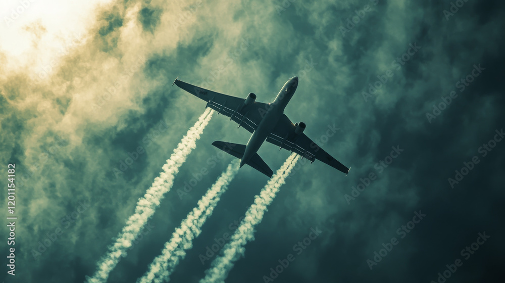 Naklejka premium Air travel icon of vector plane flying in sky, airline flights, tourism, aircraft and aviation design. Blue airplane or jet of international airlines with motion trails and red ribbon isolated symbol