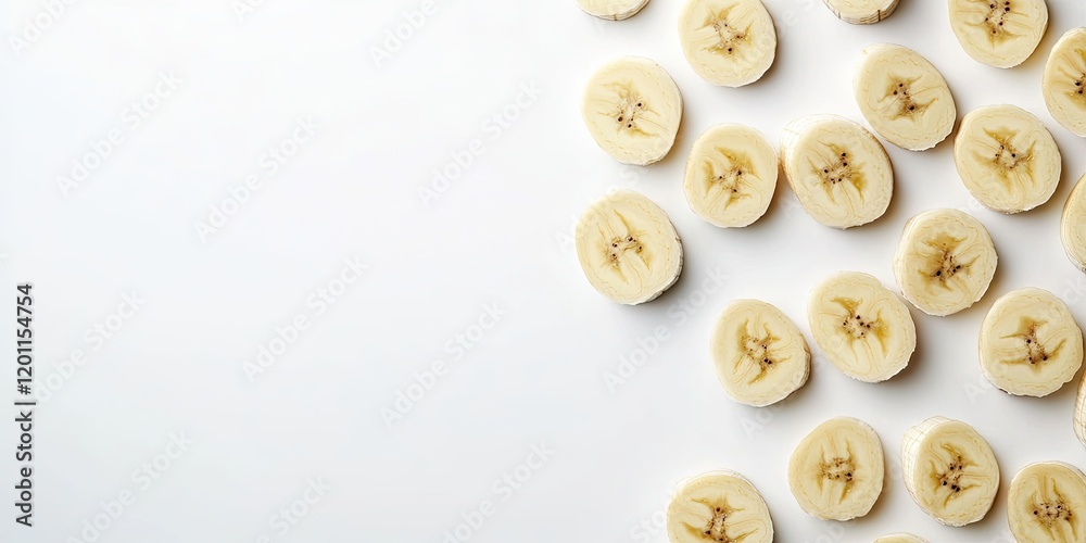 Banana slices arranged diagonally on a bright white background creating ample negative space for text or design elements on the right side Banana slices arranged diagonally on a bright white background creating ample negative space for text or design elements on the right side