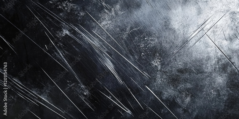 Abstract metallic background with silver scratched surface on dark gray tones creating dramatic texture and visual interest in design. Abstract metallic background with silver scratched surface on dark gray tones creating dramatic texture and visual interest in design.