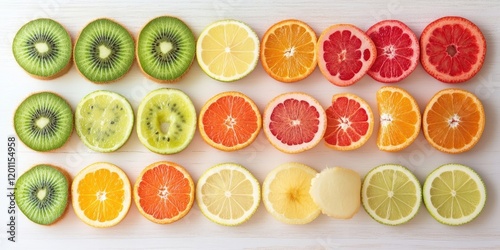 Wallpaper Mural Colorful sliced circles of fruits and vegetables arranged in a neat grid on a white wooden table showcasing green kiwi, yellow lemon, and red grapefruit. Torontodigital.ca