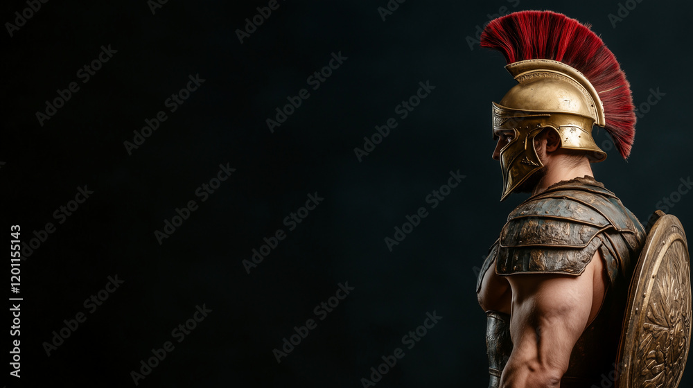 Obraz premium Spartan Warrior: A Spartan warrior in full armor, helmet with red plume, and a shield stands tall against a dark backdrop, showcasing the strength and resilience of ancient warriors. 