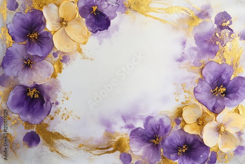 A dreamy watercolor floral frame in yellow and purple, accented by delicate golden splashes for versatile use. photo