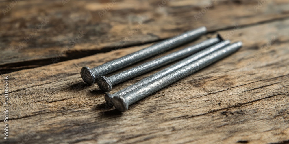 Rustic silver nails positioned on a weathered brown wood surface with ample copy space for text and a natural textured background. Rustic silver nails positioned on a weathered brown wood surface with ample copy space for text and a natural textured background.